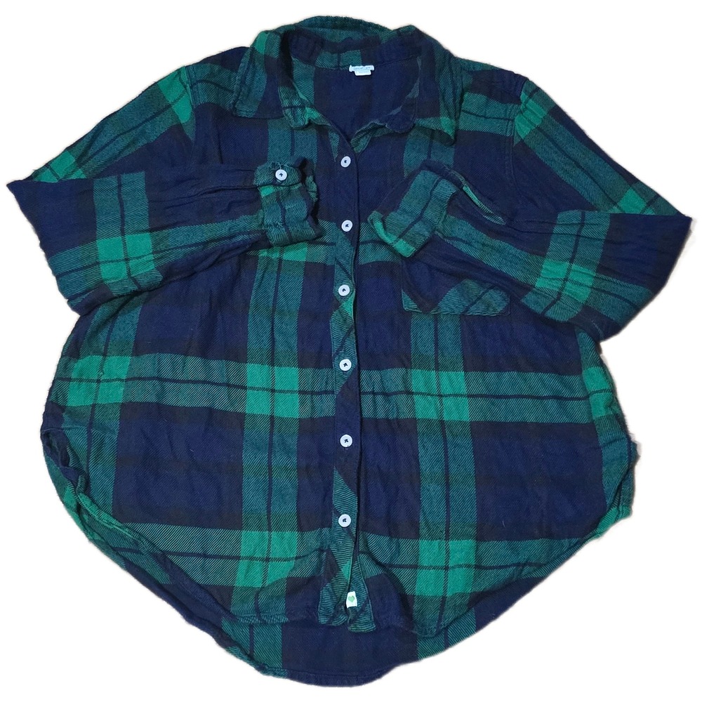 Aerie Womens Flannel Button Down Shirt Navy Blue Green Plaid‎ Oversized Medium